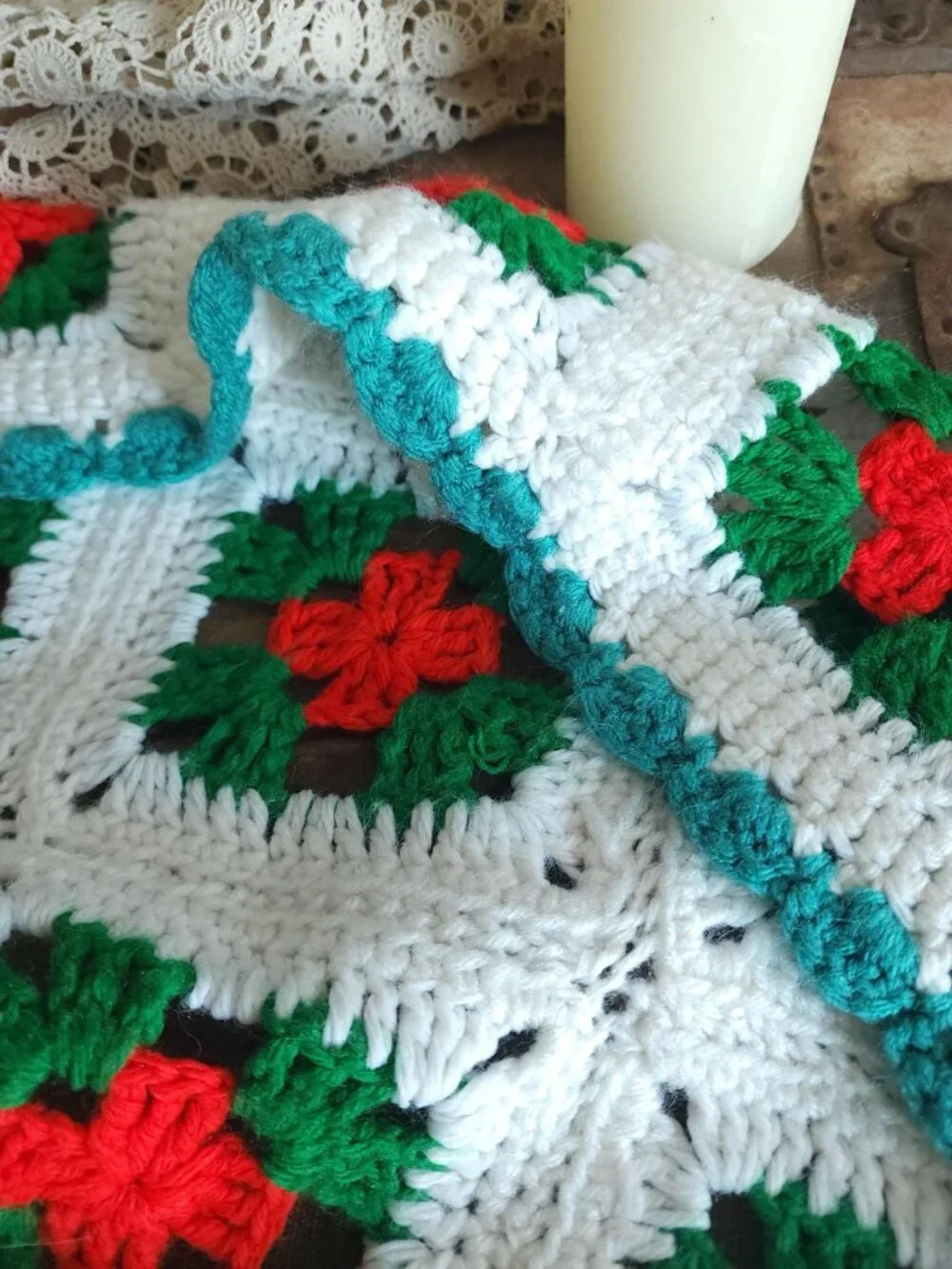 Vintage 1970s Afghan, Granny Square Crochet Lap Blanket, Red Green White Poinset